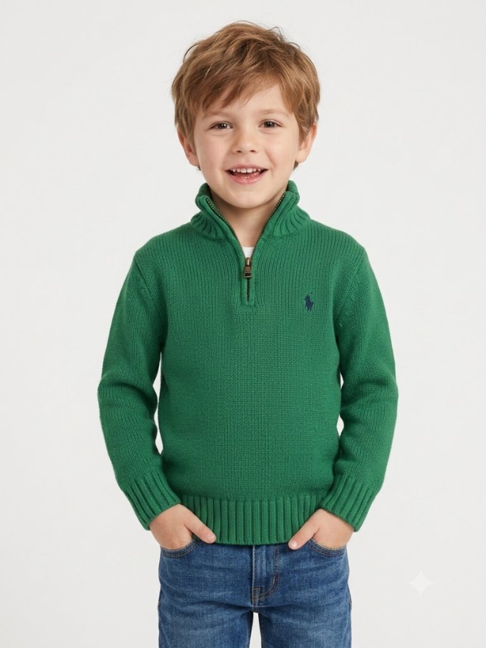 Polo Ralph Lauren Kids Green Quarter Zip Knit Cotton Sweater Size 6 Unisex